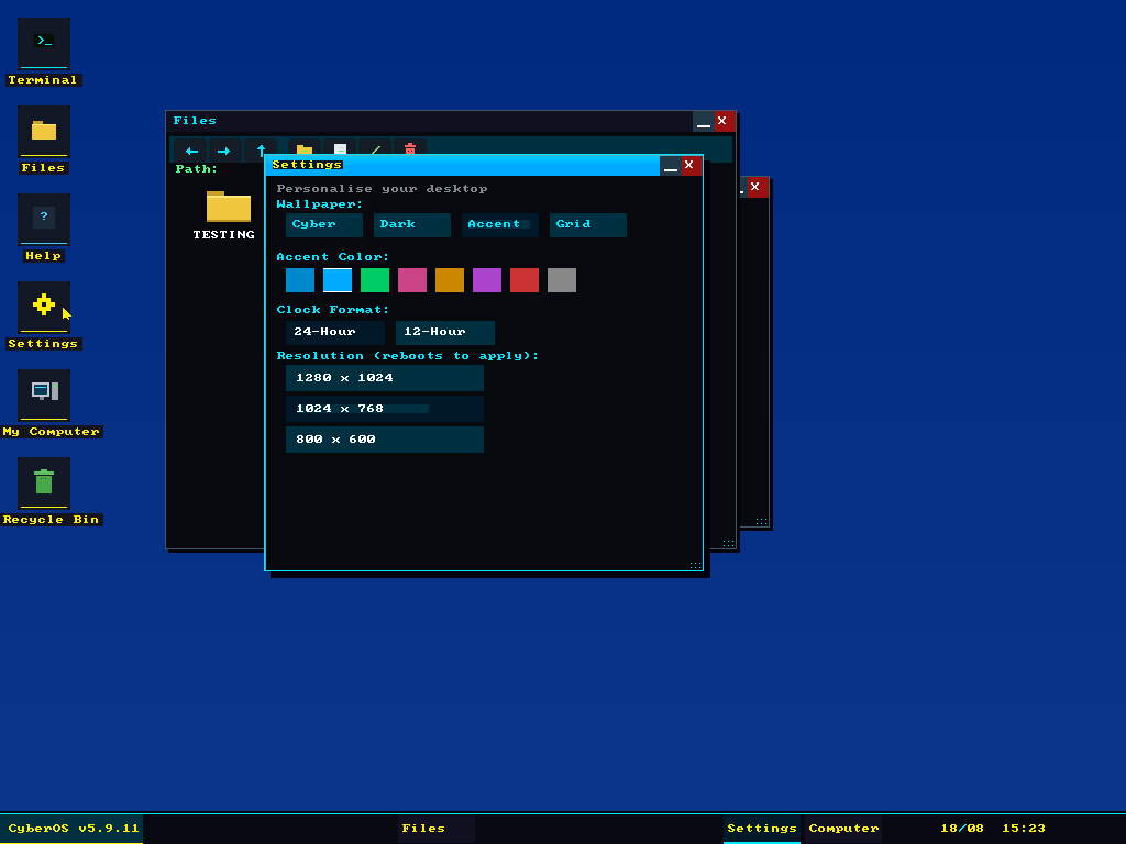 CyberOS desktop with Files and Settings windows open