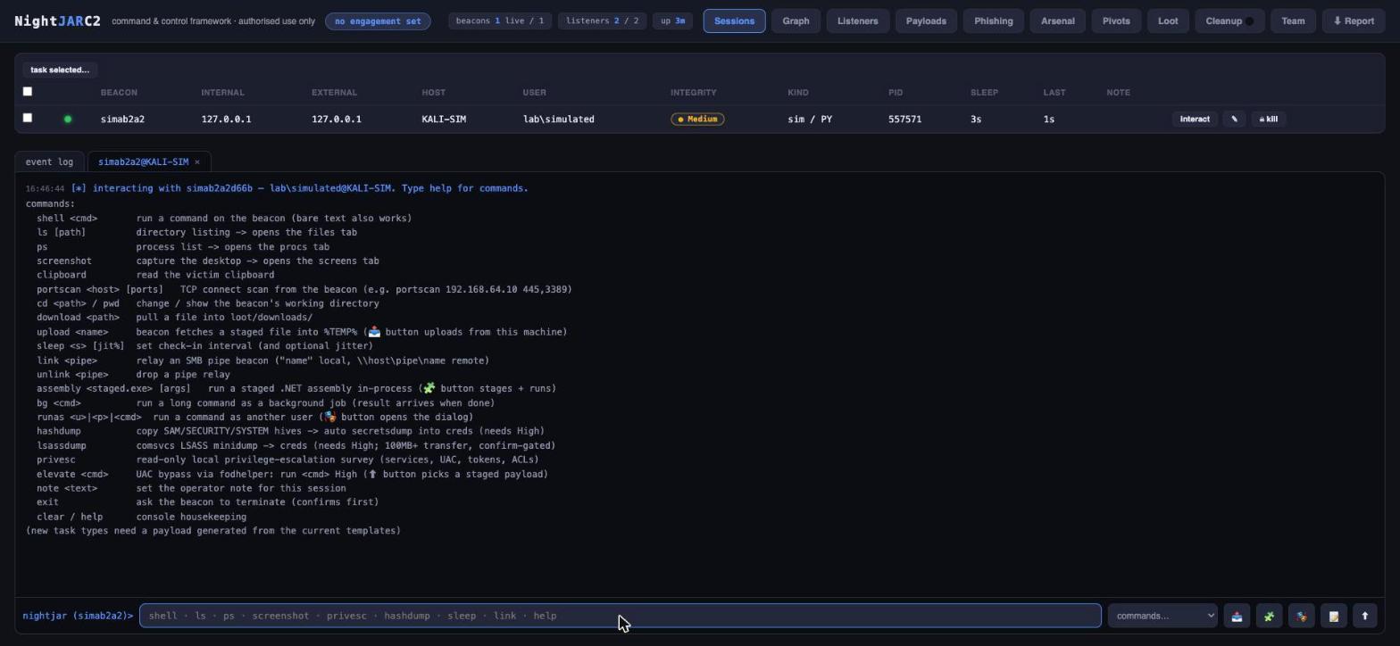 NightJARC2 operator console with a live beacon session
